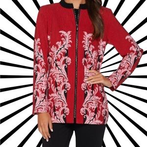 NWT: Bob Mackie XS Zip Red Floral Long Sleeve, Stretch, Pockets Asian inspired